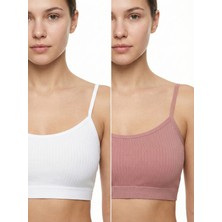 Underwear Bodyway 2'li Paket Esnek Fitilli Ribana Crop Atlet - Pamuklu Dokulu Büstiyer Set - Uyku Sütyeni