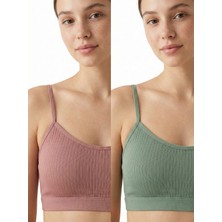 Underwear Bodyway 2'li Paket Esnek Fitilli Ribana Crop Atlet - Pamuklu Dokulu Büstiyer Set - Uyku Sütyeni