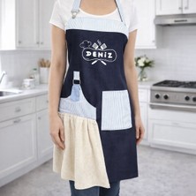 Bk Gift Kişiye Özel Isimli Pamuk Denim Havlu Detaylı Mutfak Önlüğü -1, Aşçı ve Şef Önlüğü, Anneye Hediye