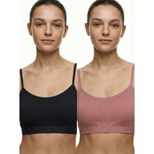 Underwear Bodyway 2'li Paket Esnek Fitilli Ribana Crop Atlet - Pamuklu Dokulu Büstiyer Set - Uyku Sütyeni