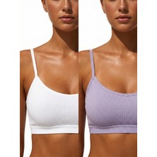 Underwear Bodyway 2'li Paket Esnek Fitilli Ribana Crop Atlet - Pamuklu Dokulu Büstiyer Set - Uyku Sütyeni