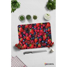 Feyza Design Mor ve Kırmızı Meyvelerle Şık Cam Kesme Tahtası, 30CM x 40CM