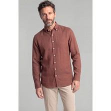 Bisse Regular Fit Paşa Yaka Cepsiz Sedef Düğmeli Kahve Erkek Gömlek GMKTN250011_D11