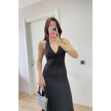 Glam Love Sırt Dekolteli Uzun Elbise - Siyah -