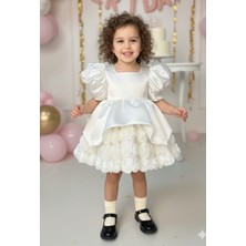 Bertuğ Bebek Kırık Beyaz Güllü Saten Kabarık Kız Çocuk Bebek Abiye Elbise