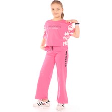 Toontoy Kız Çocuk 2'li Takım Baskılı Kısa Kollu Sweatshirt & Beli Lastikli Yırtmaçlı Bol Paça Eşofman Altı - 30/1 Penye