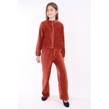 Toontoy Kız Çocuk 2'li Takım Dik Yaka Fermuarlı Sweatshirt & Beli Lastikli Cepli Bol Paça Eşofman Altı - Kadife