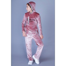 Toontoy Kız Çocuk 2'li Kadife Takım Baskılı Kapüşonlu Sweatshirt & Beli Lastikli Cepli Eşofman Altı - Şerit Detaylı