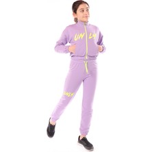 Toontoy Kız Çocuk 2'li Takım Baskılı Dik Yaka Fermuarlı Sweatshirt & Beli Paçası Lastikli Jogger Eşofman Altı - 2 Iplik