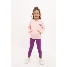 Toontoy Kız Çocuk 2'li Takım Baskılı Bisiklet Yaka Düşük Omuz Sweatshirt & Basic Düz Tayt - TK23096