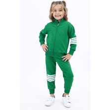 Toontoy Kız Çocuk 2'li Takım Nakış Baskılı Dik Yaka Fermuarlı Sweatshirt & Beli Paçası Lastikli Ribanalı Jogger Eşofman Altı - Bant Detaylı & 2 Iplik