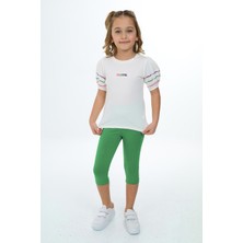 Toontoy Kız Çocuk 2'li Takım Baskılı Bisiklet Yaka Prenses Kol T-Shirt & Beli Lastikli Crop Tayt