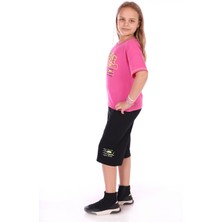 Toontoy Kız Çocuk 2'li Takım Baskılı Bisiklet Yaka T-Shirt & Beli Lastikli Kapri Şort