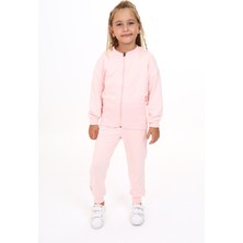 Toontoy Kız Çocuk 2'li Takım Baskılı Bisiklet Yaka Fermuarlı Ribanalı Sweatshirt & Beli Paçası Ribanalı Jogger Eşofman Altı - TK24218