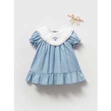 Noynoy Bebek Kız Bebek Nakış Işlemeli Dantel Yaka Denim Kot Elbise - Mavi 9-36 Ay