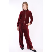 Toontoy Kız Çocuk 2'li Takım Dik Yaka Fermuarlı Sweatshirt & Beli Lastikli Cepli Bol Paça Eşofman Altı - Kadife