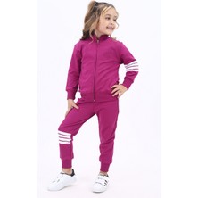 Toontoy Kız Çocuk 2'li Takım Nakış Baskılı Dik Yaka Fermuarlı Sweatshirt & Beli Paçası Lastikli Ribanalı Jogger Eşofman Altı - Bant Detaylı & 2 Iplik