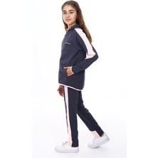 Toontoy Kız Çocuk 2'li Takım Baskılı Kapüşonlu Fermuarlı Cepli Sweatshirt & Beli Paçası Lastikli Jogger Eşofman Altı - Bant Detaylı & 2 Iplik