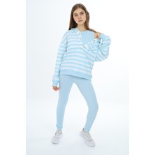 Toontoy Kız Çocuk 2'li Takım Çizgili Kapüşonlu Düşük Omuz Çıtçıtlı Sweatshirt & Basic Düz Tayt