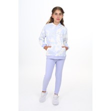 Toontoy Kız Çocuk 2'li Takım Baskılı Kapüşonlu Düşük Omuz Cepli Sweatshirt & Basic Düz Tayt
