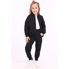 Toontoy Kız Çocuk 2'li Takım Kolej Yaka Fermuarlı Cepli Sweatshirt & Beli Paçası Ribanalı Cepli Jogger Eşofman Altı - 2 Iplik