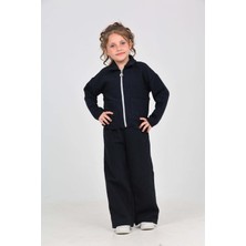 Toontoy Kız Çocuk 2'li Takım Gömlek Yaka Fermuarlı Cepli Sweatshirt & Beli Lastikli Bol Paça Eşofman Altı - Dokuma Şanel Tuvit Chanel