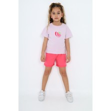 Toontoy Kız Çocuk 2'li Takım Baskılı Bisiklet Yaka T-Shirt & Beli Lastikli Şort