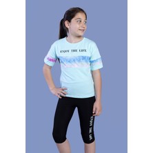Toontoy Kız Çocuk 2'li Takım Baskılı Bisiklet Yaka T-Shirt & Basic Düz Crop Tayt & Garnili Detaylı
