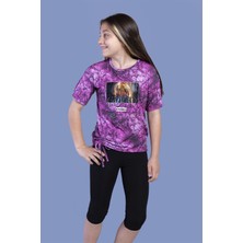 Toontoy Kız Çocuk 2'li Takım Baskılı Bisiklet Yaka T-Shirt & Basic Düz Tayt - Yırtmaç Detaylı - Bağcıklı