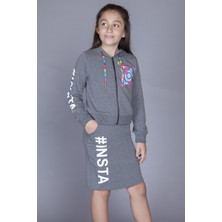 Toontoy Kız Çocuk 2'li Takım Baskılı Kapüşonlu Fermuarlı Sweatshirt & Cepli Basic Kalem Etek