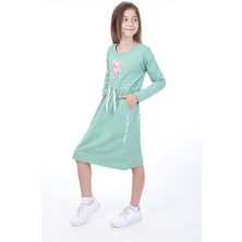 Toontoy Kız Çocuk Baskılı Relax Fit Bisiklet Yaka Uzun Kollu Bağcıklı Elbise -
