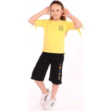 Toontoy Kız Çocuk 2'li Takım Baskılı Bisiklet Yaka T-Shirt & Beli Lastikli Cepli Kapri Şort - Yırtmaç Detaylı