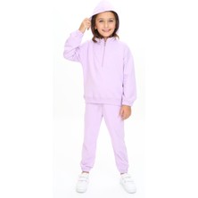 Toontoy Kız Çocuk 2'li Takım Kapüşonlu Yarım Fermuarlı Ribanalı Sweatshirt & Beli Paçası Lastikli Jogger Eşofman Altı - 2 Iplik