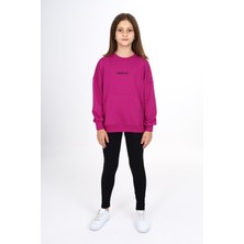 Toontoy Kız Çocuk 2'li Takım Baskılı Bisiklet Yaka Düşük Omuz Cepli Sweatshirt & Basic Düz Tayt