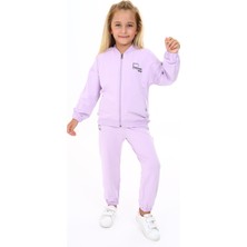 Toontoy Kız Çocuk 2'li Takım Baskılı Kolej Yaka Fermuarlı Cepli Sweatshirt & Beli Paçası Lastikli Cepli Jogger Eşofman Altı -TK24219