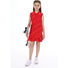 Toontoy Kız Çocuk Baskılı Regular Fit Polo Yaka Düğmeli Kolsuz Elbise