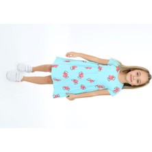 Toontoy Kız Çocuk Baskılı Relax Fit Bisiklet Yaka Kısa Kollu Elbise