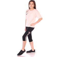 Toontoy Kız Çocuk 2'li Takım Baskılı Bisiklet Yaka T-Shirt & Beli Lastikli Crop Tayt