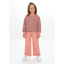 Toontoy Kız Çocuk 2'li Takım Çizgili Bisiklet Yaka Yırtmaçlı Sweatshirt & Beli Lastikli Bol Paça Eşofman Altı - 2 Iplik