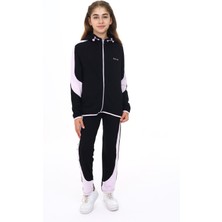Toontoy Kız Çocuk 2'li Takım Baskılı Kapüşonlu Fermuarlı Cepli Sweatshirt & Beli Paçası Lastikli Jogger Eşofman Altı - Bant Detaylı & 2 Iplik