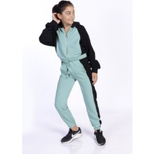 Toontoy Kız Çocuk 2'li Takım Kapüşonlu Fermuarlı Sweatshirt & Beli Paçası Lastikli Cepli Jogger Eşofman Altı - Renk Bloklu & 2 Iplik
