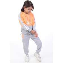 Toontoy Kız Çocuk 2'li Takım Kapüşonlu Cepli Sweatshirt & Beli Paçası Lastikli Jogger Eşofman Altı - Renk Bloklu & Bant Detaylı & 2 Iplik