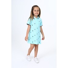 Toontoy Kız Çocuk Baskılı Relax Fit Polo Yaka Düğmeli Kısa Kollu Elbise