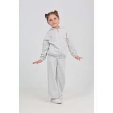 Toontoy Kız Çocuk 2'li Takım Çizgili Kapüşonlu Fermuarlı Cepli Sweatshirt & Beli Lastikli Bol Paça Eşofman Altı - Müslin