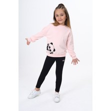 Toontoy Kız Çocuk 2'li Takım Baskılı Bisiklet Yaka Düşük Omuz Sweatshirt & Basic Düz Tayt