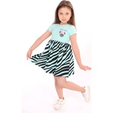 Toontoy Kız Çocuk Baskılı Relax Fit Bisiklet Yaka Kısa Kollu Elbise - Renk Bloklu