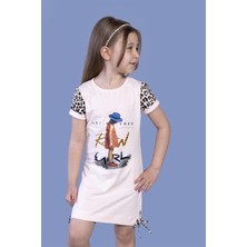 Toontoy Kız Çocuk Baskılı Regular Fit Bisiklet Yaka Kısa Kollu Elbise - Garni & Bağcık Detaylı