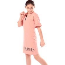 Toontoy Kız Çocuk Baskılı Regular Fit Gömlek Yaka Fermuarlı Kısa Kollu Elbise - Yırtmaç Detaylı &