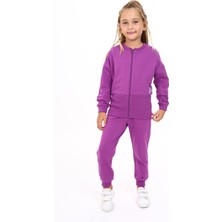 Toontoy Kız Çocuk 2'li Takım Baskılı Bisiklet Yaka Fermuarlı Ribanalı Sweatshirt & Beli Paçası Ribanalı Jogger Eşofman Altı - TK24218