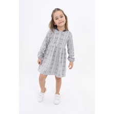 Toontoy Kız Çocuk Baskılı Relax Fit Kapüşonlu Düğmeli Uzun Kollu Ekoseli Elbise - Renk Bloklu